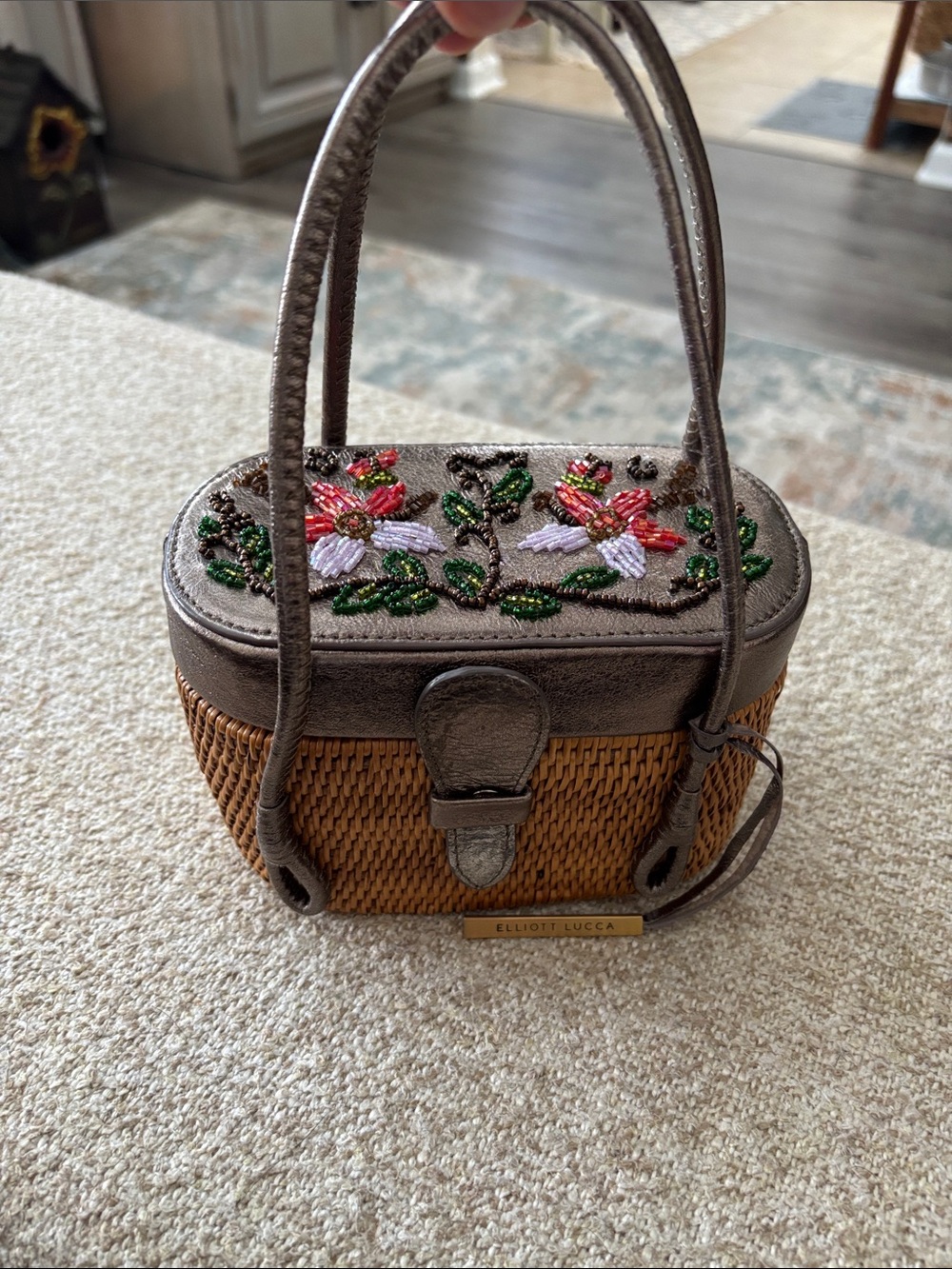 Elliott Lucca Brown Woven Top-Handle Bag with Floral Beadwork